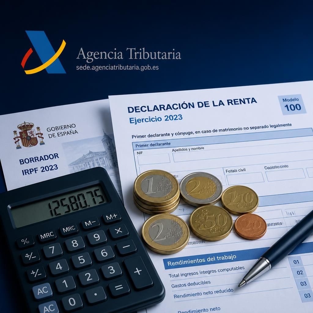 Documentos fiscales, monedas euro y calculadora sobre fondo azul oscuro