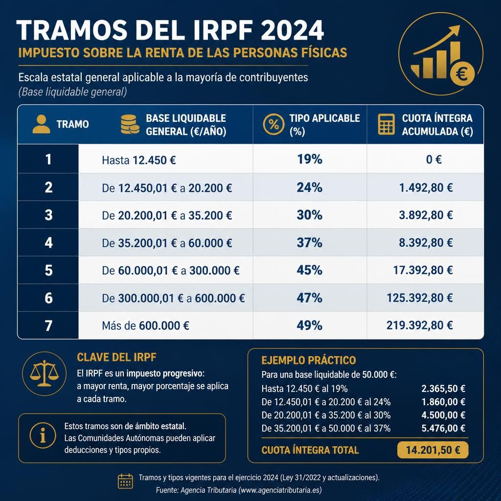 Infografía de tramos del IRPF del ahorro en España con datos financieros